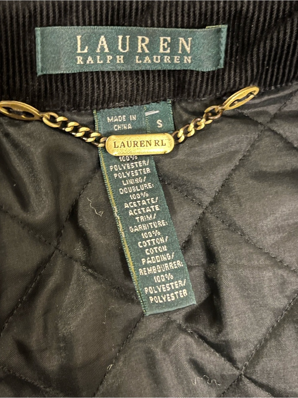 Ralph Lauren Black Quilted Barn Jacket Corduroy Collar Gold Buttons Small - Picture 13 of 13